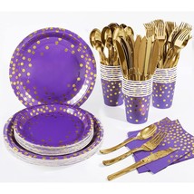 Purple And Gold Party Supplies 175 Pieces Golden Dot Disposable Party Dinnerware - £32.64 GBP