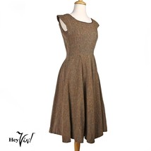 Vintage 50s Full Skirt Dress Brown Nubby w Color Flecks Metal Zip Sz S -... - £46.36 GBP