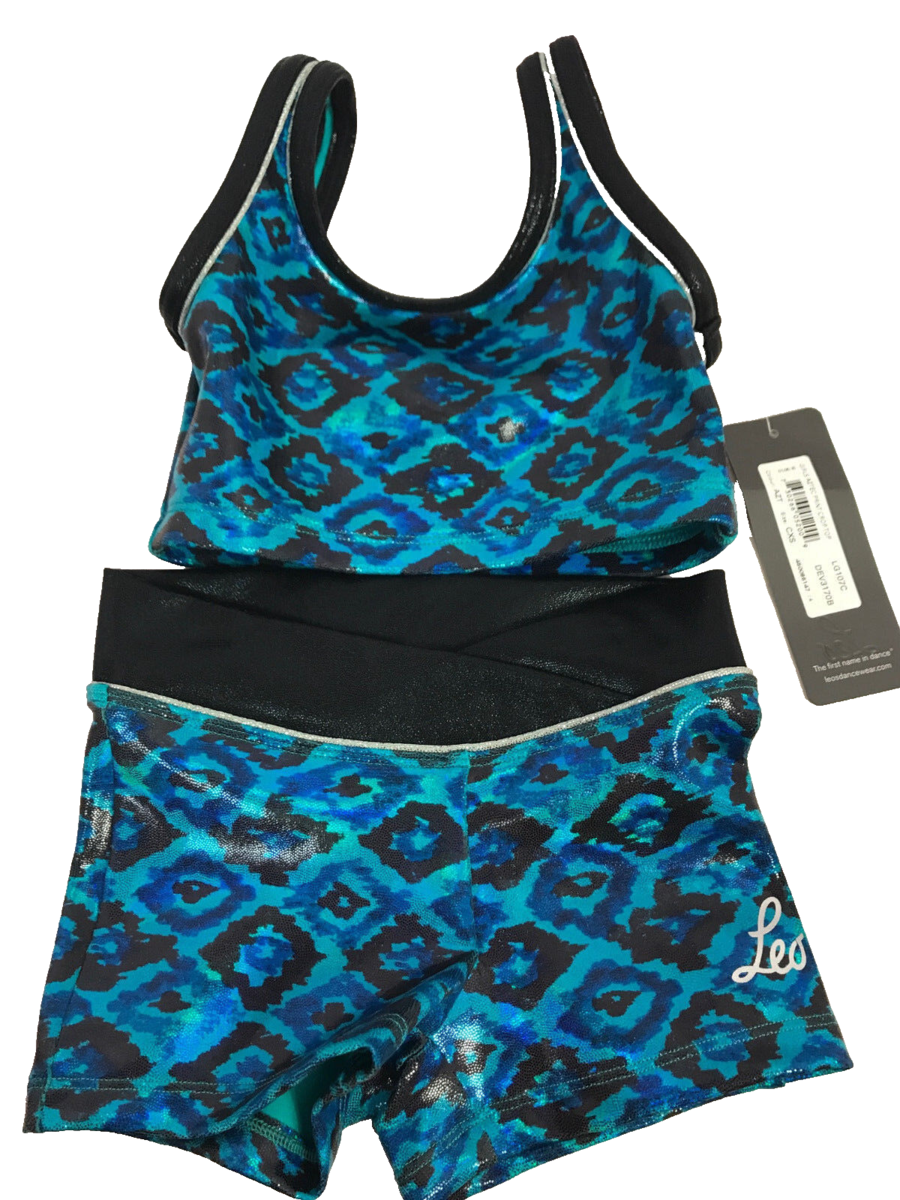 Leo Aztec Print Dance Shorts and Crop Bra Top, Blue and Black, Girls XS,... - $14.24