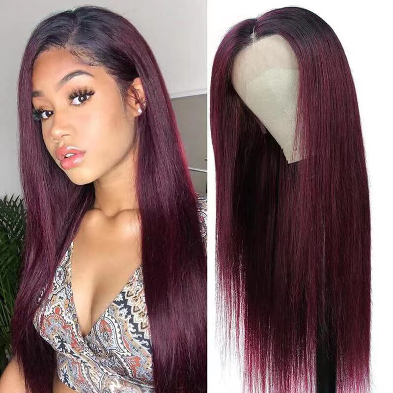1B 99J Ombre Lace Front Wig 13X4 Lace Frontal Bone Straight Human Hair Wig P - £66.90 GBP+