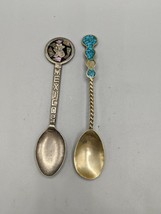 Pair Collector Spoon Alpaca Mexico Inlaid Shell Figurine Silver Tone 3.5&quot; AS IS - £6.85 GBP