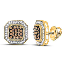10kt Yellow Gold Womens Round Brown Diamond Octagon Cluster Earrings 1/2 Cttw - £404.71 GBP