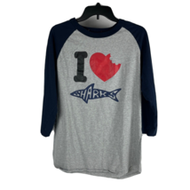 I Love Sharks Men&#39;s Large 3/4 Sleeve Baseball Shirt Heart Gray Navy Blue Graphic - £14.93 GBP