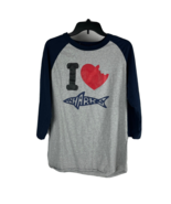 I Love Sharks Men&#39;s Large 3/4 Sleeve Baseball Shirt Heart Gray Navy Blue... - £14.93 GBP