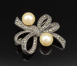 JUDITH JACK 925 Silver - Vintage Cultured Pearls &amp; Marcasite Brooch Pin ... - £65.05 GBP