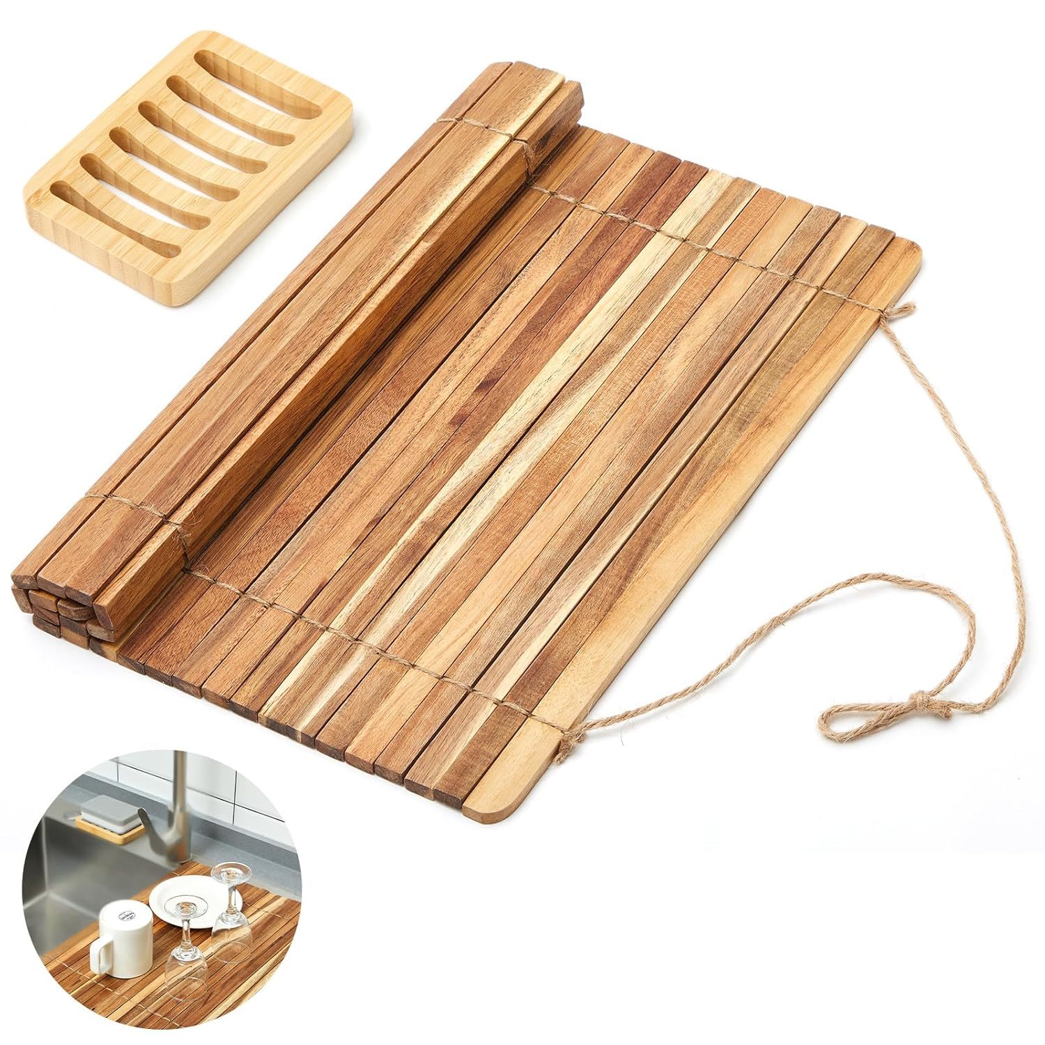 Over Sink Dish Drying Rack Kitchen Teak Wood Roll Up Rack With Self Draining Soa