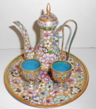 Cloisonne Enamel Chinese tea pot goblets Tray 5 pc gold blue pink Tea Set - £58.47 GBP