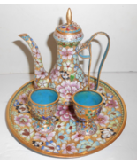 Cloisonne Enamel Chinese tea pot goblets Tray 5 pc gold blue pink Tea Set - $74.24