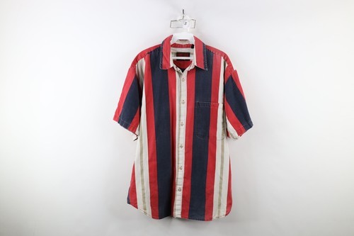 Vintage 90s Streetwear Mens Medium Faded Baggy Striped Color Block Butto... - $44.50