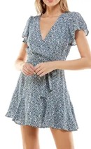 Row A Women&#39;s Blue Floral Faux Wrap Tie Waist Short Sleeve Dress S NWOT - $16.82