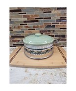 Vintage Covered Casserole Stoneware, Ribbed Green, Metal Holder, USA  - £30.18 GBP