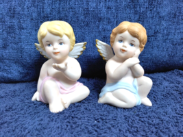 Vintage Pair of Homco 1430 Angel Cherub Figurines Porcelain Gold Trimmed Wings - £14.45 GBP