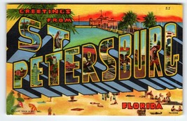 Greetings From St Petersburg Florida Large Letter Linen Postcard Beach Town - $14.40