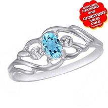 Drei Stein Hochzeit Ring Labor Erstellt Blau Topas &amp; Natur Diamant 14k Weiss - £361.06 GBP