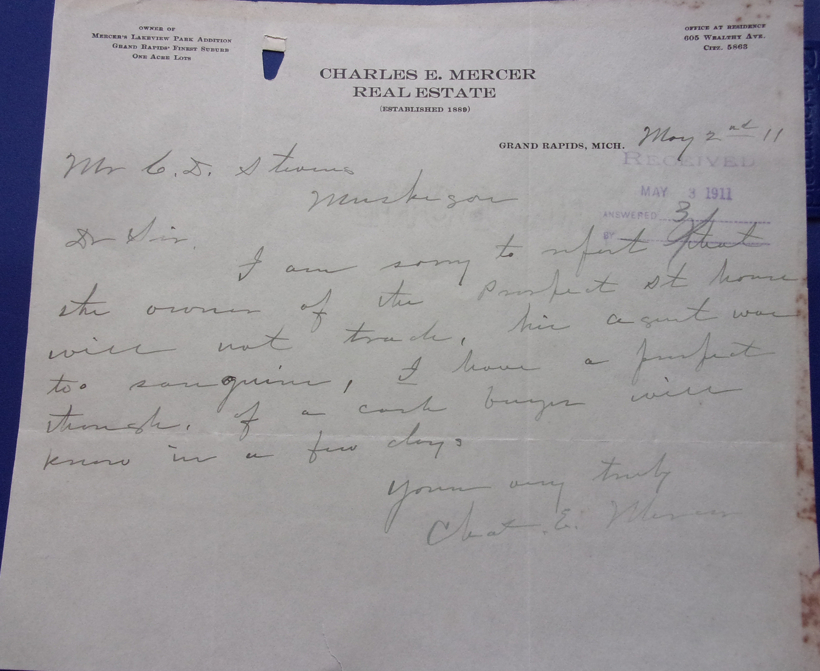 Vintage Charles E. Mercer Real Estate Grand Rapids MI Correspondence 1911 - $5.99