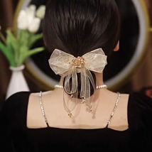 Elegant Tulle Bow with Premium Crystal Beads Hair Scrunchies - $6.50