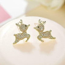 0.30Ct Round Cubic Zirconia Tiny Deer Stud Earring 14K Yellow Gold Plated Silver - £88.97 GBP