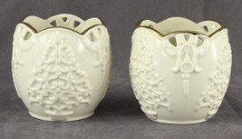 Lenox China 2PC Lot Cream &amp; Gold Trim MERRY LIGHT CHRISTMAS Votive Candl... - £16.44 GBP