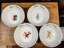 Set of 4 Merry Brite Christmas Bowls Santa Reindeer Present Tree Ceramic Holiday - £11.44 GBP