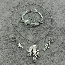 Vintage Silver Tone Jewelry Set Leaf Necklace Bracelet Screw Earrings AB... - £21.98 GBP