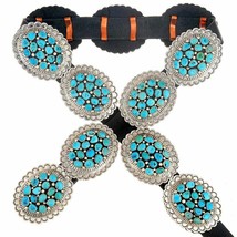 Navajo Turquoise Concho Belt, Sleeping Beauty Nugget Clusters, Stamped Silver - £1,751.41 GBP