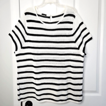 Talbots Black White Stripe Crochet Cotton Sweater 2X Woman Plus Short Sl... - £22.13 GBP