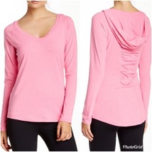 ZELLA pink long sleeve v neck ruched back hooded top size small - £19.25 GBP