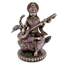 SARASWATI WITH SWAN STATUE 8.5" Hindu Goddess of Knowledge on Swan HIGH ... - $74.66