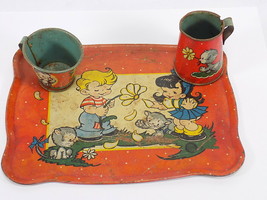 Antique 1940&#39;s Kids Metal Toy Tray w/ Cup &amp; Pitcher Children &amp; Kittens - £18.25 GBP