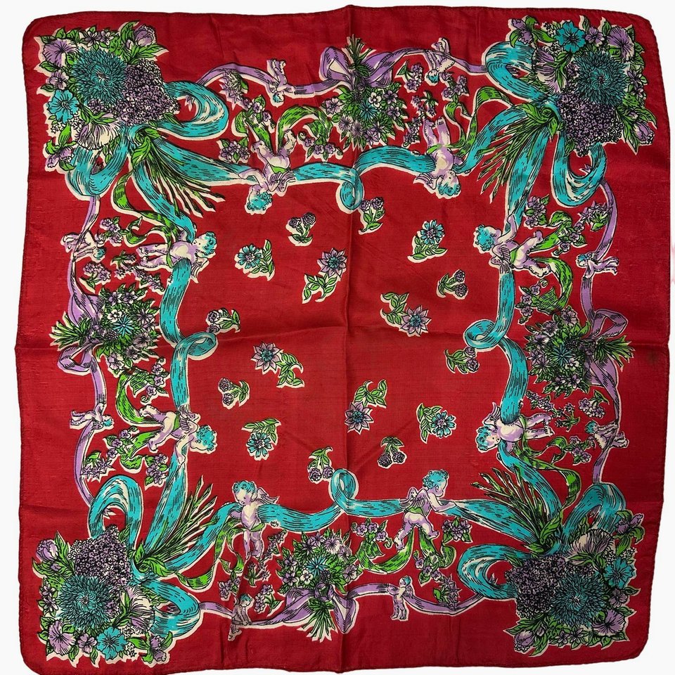 1950s Silk Scarf Cherubs Flowers vintage Red/Purple/Blue Scarf 22&quot; Square - $24.95