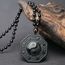 Yin Yang Natural Black Obsidian Crystal Carving Protection Happy Amulet Pendant - £20.03 GBP