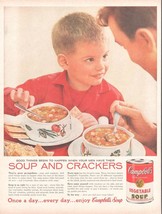 1960 Campbell&#39;s Vegetable Soup Vintage Print Ad Father Son Lunch Plate Wall Art - £8.20 GBP