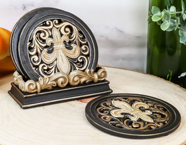 Ebros Western Tuscany Fleur De Lis Carved Scroll Art Coaster Holder W/4 Coasters - £21.59 GBP