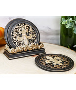 Ebros Western Tuscany Fleur De Lis Carved Scroll Art Coaster Holder W/4 ... - $37.15 CAD
