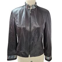 80s Vtg Farouche Jacket Black Silver Mirror Trim Zip Up Wet Look Polyest... - $32.08