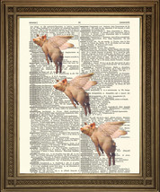 PIGS MIGHT FLY Vintage Dictionary Flying Pink Pig Animal Art Print Antique Paper - £6.46 GBP