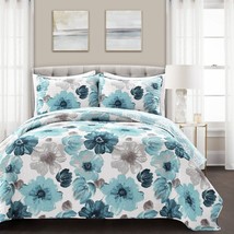 Full/Queen Blue Grey Flowers Lightweight Polyester Microfiber Quilt Set - $183.49