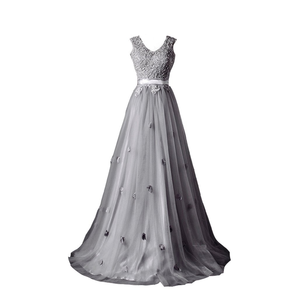 Kivary? V Neck Floral Lace Appliques Tulle Long Prom Evening Dresses with Sash S