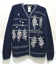 Northern Reflections Navy Cardigan Ladies Large Pink Floral Embroidered Sweater - £15.07 GBP
