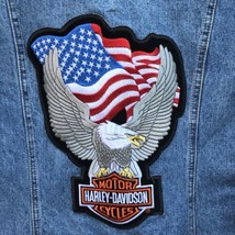 Bill Blass Denim Jean Jacket Harley Davidson Eagle Flag Motorcycle Patch ￼Womens - £36.78 GBP