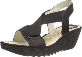 Fly London Yait 366Fly Cupido Black Leather Wedge Sandals US 5.5-6 EU 36 - $59.99