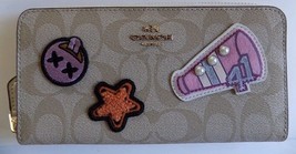 NWT COACH VARSITY LARGE  PATCHES ACCORDIAN ZIP WALLET COATED CANVAS F20968  - $66.85