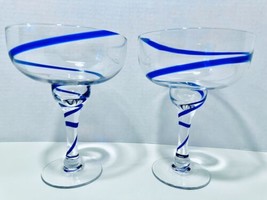 Pier 1 Swirline Cobalt Blue Swirl Mouth Blown Set Of 2 Margarita Barware Glasses - £17.26 GBP