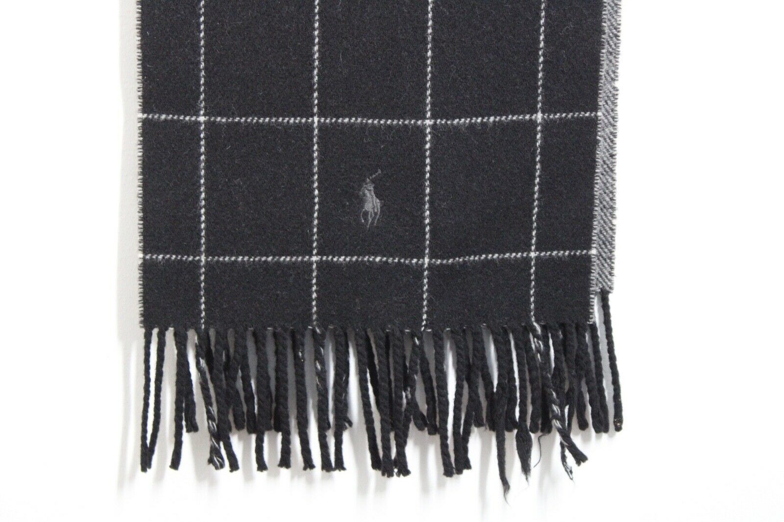 Polo Ralph Lauren Gray Black Herringbone Check Lambswool Scarf Italy 10x64 - £36.44 GBP