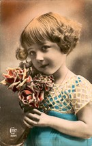 Vintage Girl With Flowers, Art Deco Postcard Tinted, Circa 1900, Vintage - $4.95