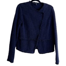 White House Black Market Tweed Blazer Jacket Womens Size L Navy Blue Fringed Wor - £34.79 GBP