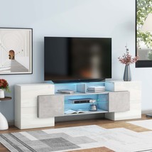 Unique TV Stand w/ LED Lights &amp; Glass Shelves (88&quot;) - $363.99