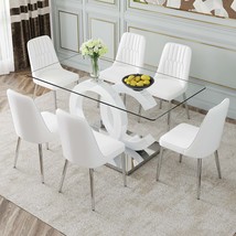 Modern Glass Dining Table &amp; 6 Chairs Set - White &amp; Silver - £852.88 GBP