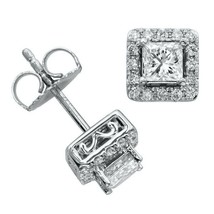 3.5CT Princess Cut Brilliant CZ Halo Stud Earrings 14K White Gold Plated Silver - £54.66 GBP