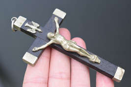 ⭐antique crucifix nickel-plated bronze &amp; ebony wood w Holy Spirit ⭐ - £53.53 GBP